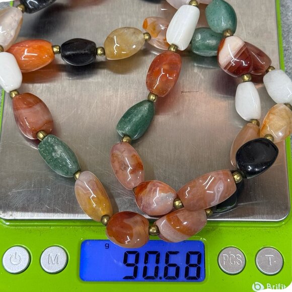 Vintage Beggars Bead Chunky Multi Gemstone Beaded Necklace Brass Accents 27" - Picture 5 of 7